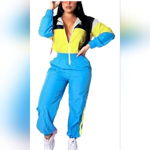 Women Colorblock One Piece Outfits Set High Waist Pants Long Sleeve Zipper